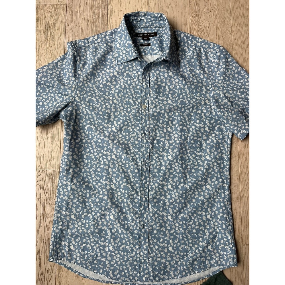 Michael Kors Mens Slim Fit Short Sleeve Button Down Floral Shirt Blue Small